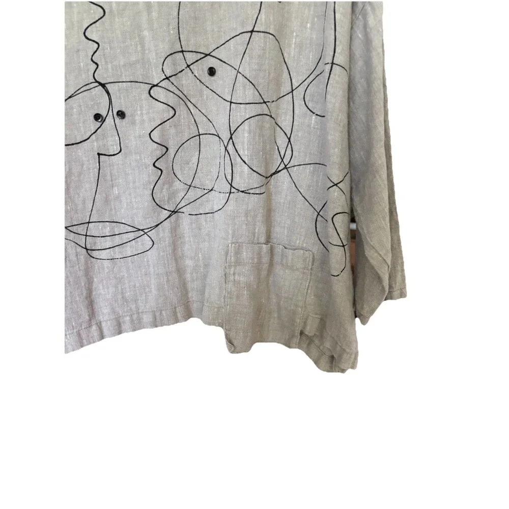 Odile 100% Linen Cowel Neck Shirt Women M Tan Artistic Hand Painted